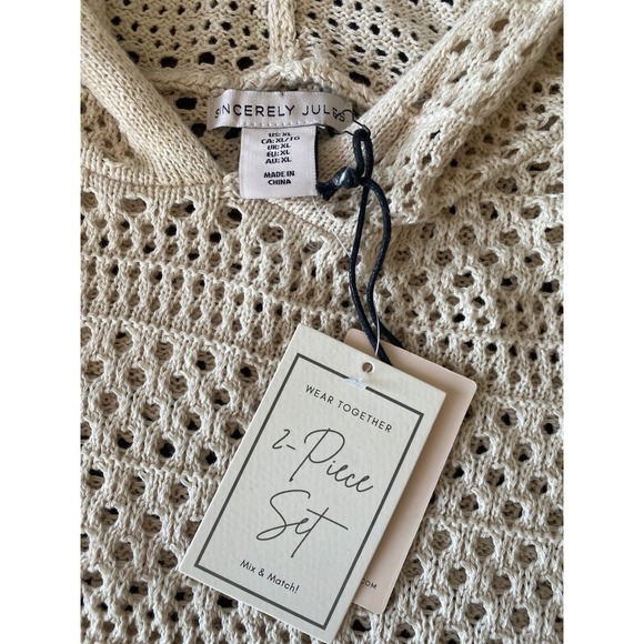 NWT Sincerely Jules Sweater Hoodie & Flare Pants Crochet Set Women's XL Beige - Picture 4 of 8